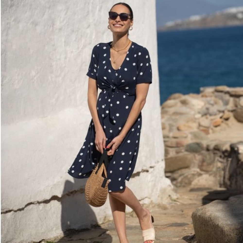 SERAPHINE Navy Polka Dot Tie Front Maternity & Nursing Dress